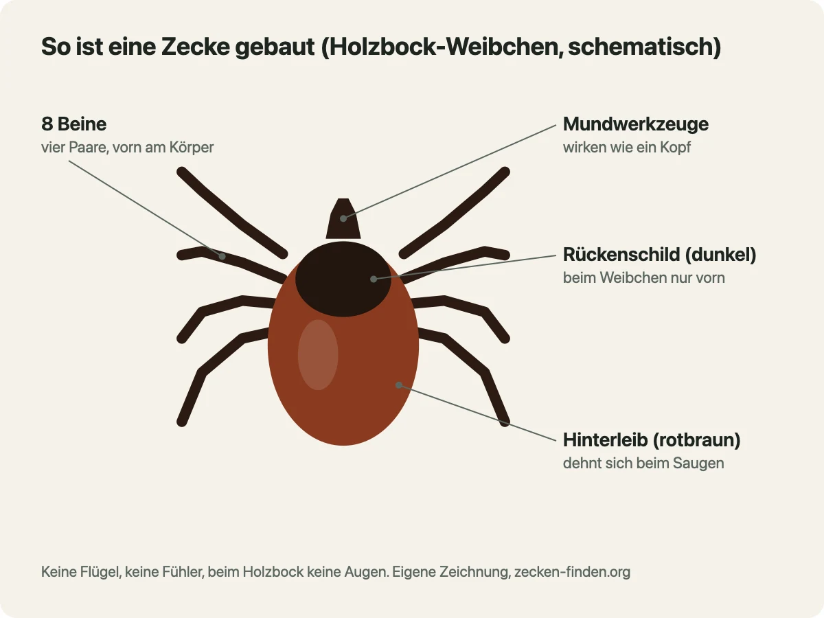 Schematische Zeichnung eines Holzbock-Weibchens von oben: vorn kleine Mundwerkzeuge, dahinter ein dunkler Rückenschild, ein rotbrauner Hinterleib und vier Beinpaare an der vorderen Körperhälfte